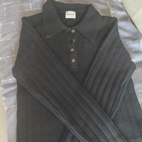 Khaite Black 100% Wool Polo Collar Ribbed Knit Sweater - Size S - Picture 1 of 4